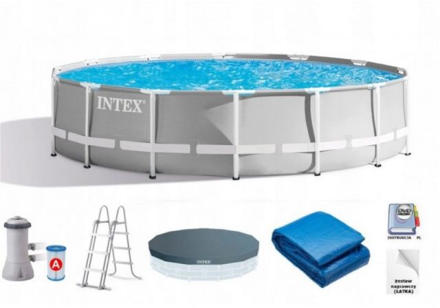 Каркасный бассейн Intex 26720, размер 427 х 107 см в комплекте: (картриджный насос фильтр 3785 л/ч, лестница, тент, подложка, ремонтный комплект, сливной клапан). Объём 12 706 л 