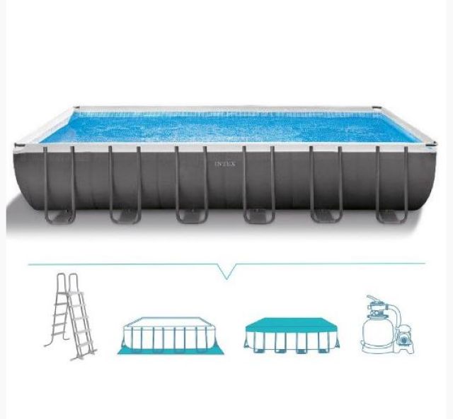 Каркасный бассейн прямоугольный Intex 26364 Ultra Frame Pool, размер 732 х 366 х 132 см в комплекте: (песочный насос-фильтр для очистки воды 7900 л/ч, лестница, тент, подложка, ремонтный комплект,сливной клапан) 