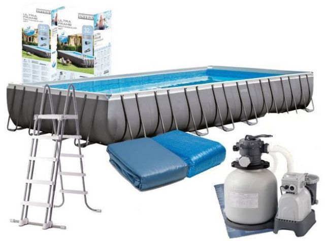 Каркасный бассейн прямоугольный Intex Ultra Frame XTR 26372, размер 975 х 488 х 132 см  в комплекте: (песочный фильтр-насос 10000 л/ч, лестница, тент, подложка) 