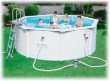 Каркасный бассейн морозоустойчивый Bestway 56571 со стальными стенками, размер  360 х 120 см в комплекте: (картриджный насос-фильтр 2006 л/ч, лестница) 