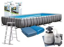 Каркасный бассейн прямоугольный Intex 26378 Rectangular Ultra Frame, размер 975 х 488 х 132 см в комплекте: (песочный насос фильтр 10000 л/ч c хлоргенератором, лестница, тент, подложка, сетка для волейбола, комплект для чистки) 